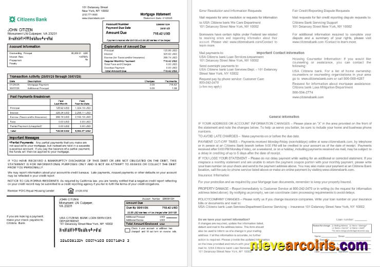 USA Citizens bank mortgage statement